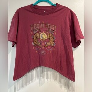 Goodie Two Sleeves Fringe Cree Neck Graphic Tee Size Medium